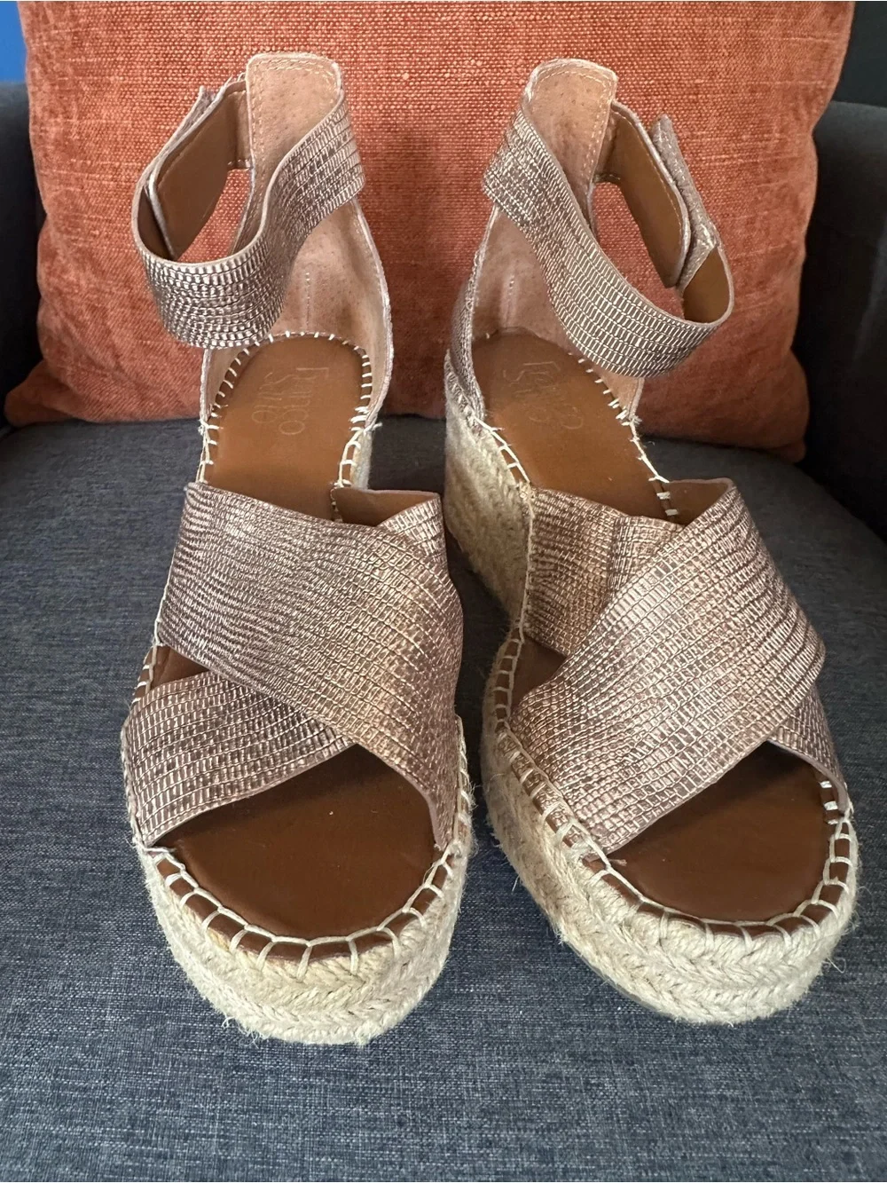 Franco Sarto Rose Gold Wedge Espadrille Sandals with Ankle Strap